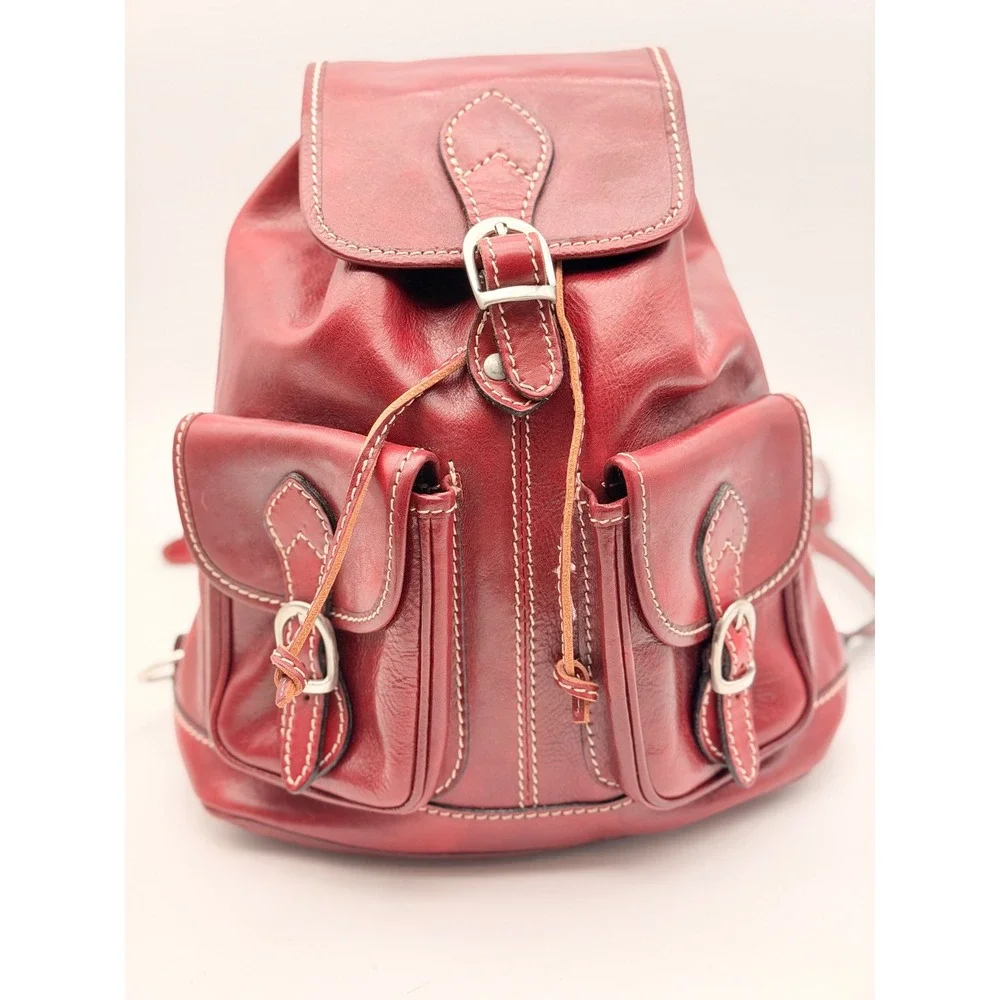 Vintage Red Leather Rucksack Backpack Contrast Stitch Buckle Drawstring Medium